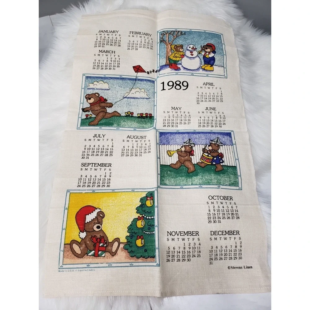 Vintage‎ Retro 1989 Calender Tea Towel BEARS christmas four seasons cottagecore